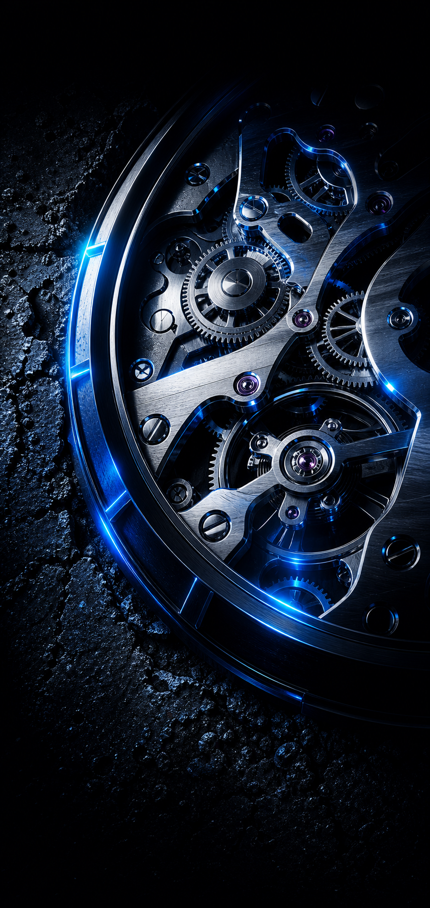 Maquinaria de reloj con acabado metálico azul sobre textura urbana sin marca visible